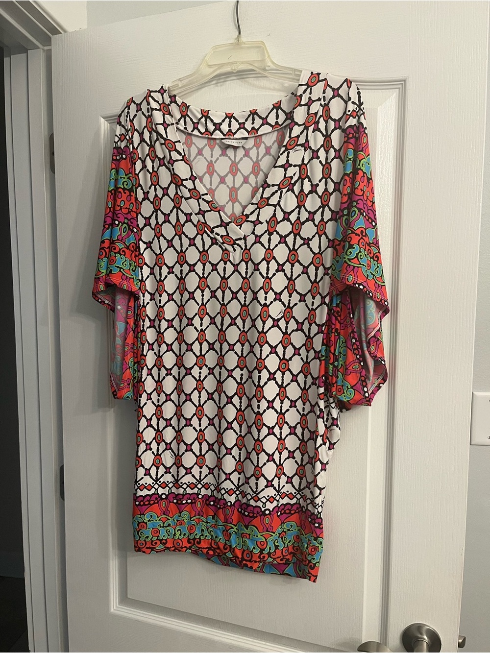 Trina Turk White Tunic with Pink, Teal and Orange Border Print